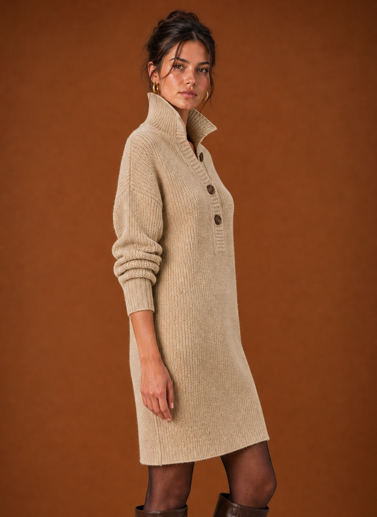 Women's Collared Henley Knit Sweater Dress