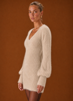 Women's Fuzzy V-Neck Bodycon Mini Sweater Dress with Balloon Sleeves