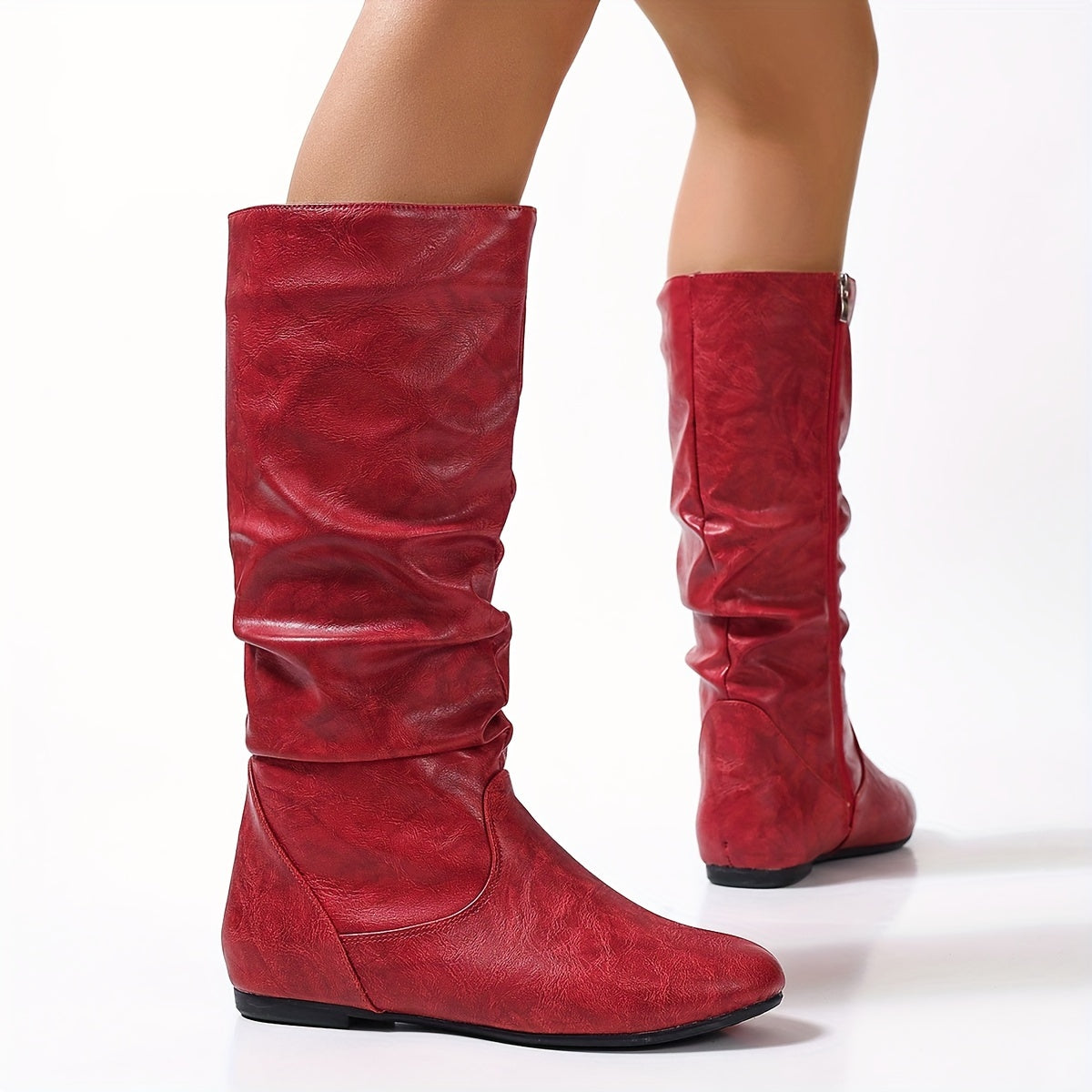 Women's Flat Knee-High Boots with Gathered Shaft – Red
