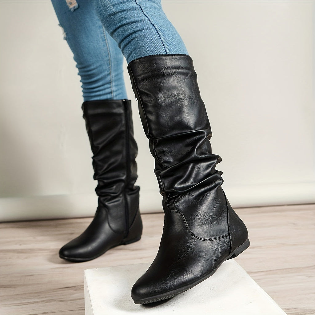 Women's Flat Knee-High Boots with Gathered Shaft