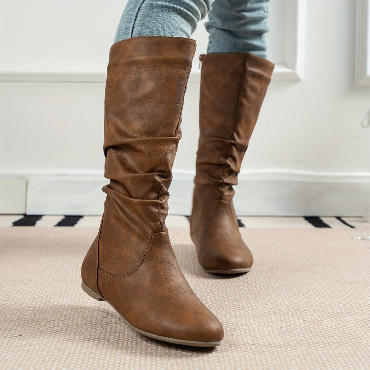 Women's Flat Knee-High Boots with Gathered Shaft – Light Brown