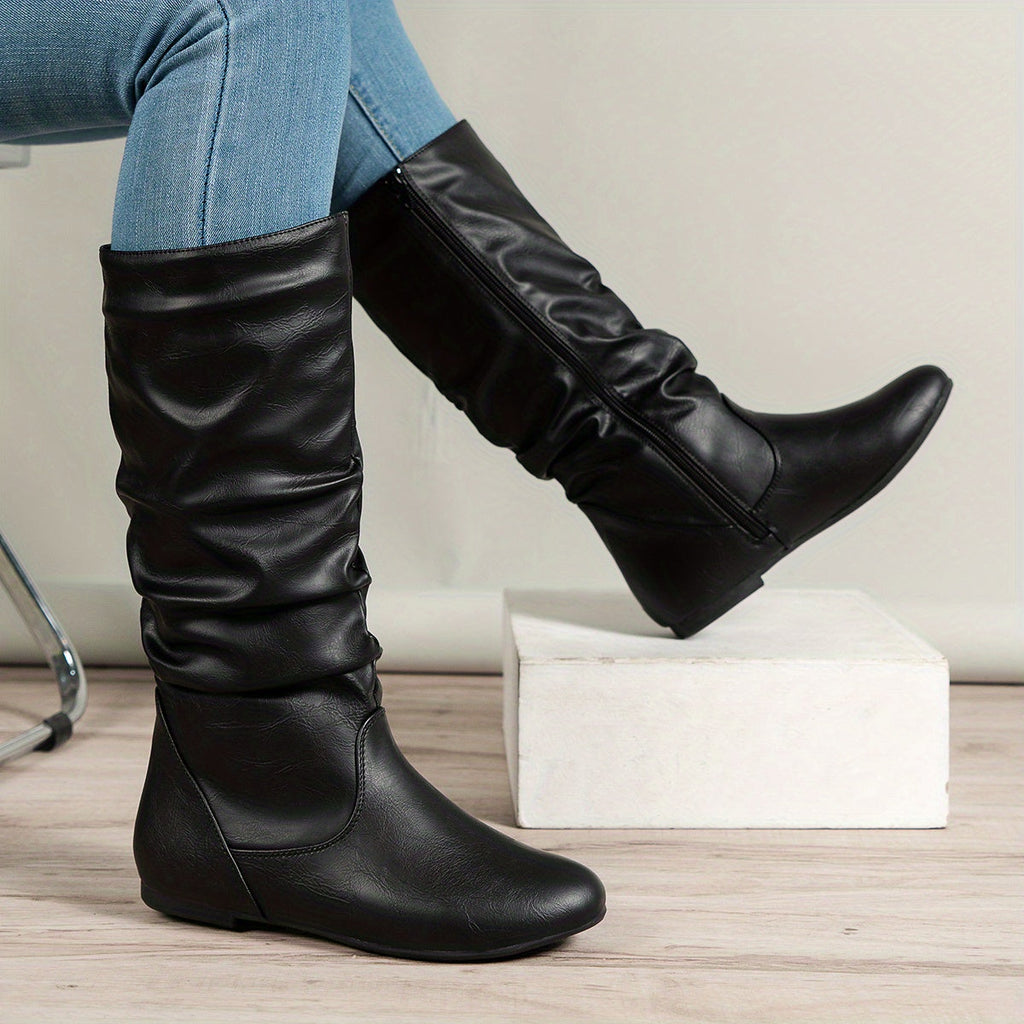 Women's Flat Knee-High Boots with Gathered Shaft – Black