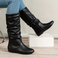 Women's Flat Knee-High Boots with Gathered Shaft – Black
