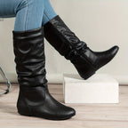 Women's Flat Knee-High Boots with Gathered Shaft – Black