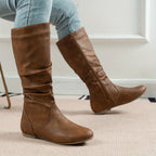 Women's Flat Knee-High Boots with Gathered Shaft