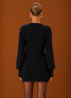 Women's Fuzzy V-Neck Bodycon Mini Sweater Dress with Balloon Sleeves