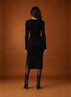 Women's Ribbed Twist-Front Bodycon Midi Sweater Dress with Slit