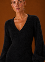 Women's Fuzzy V-Neck Bodycon Mini Sweater Dress with Balloon Sleeves