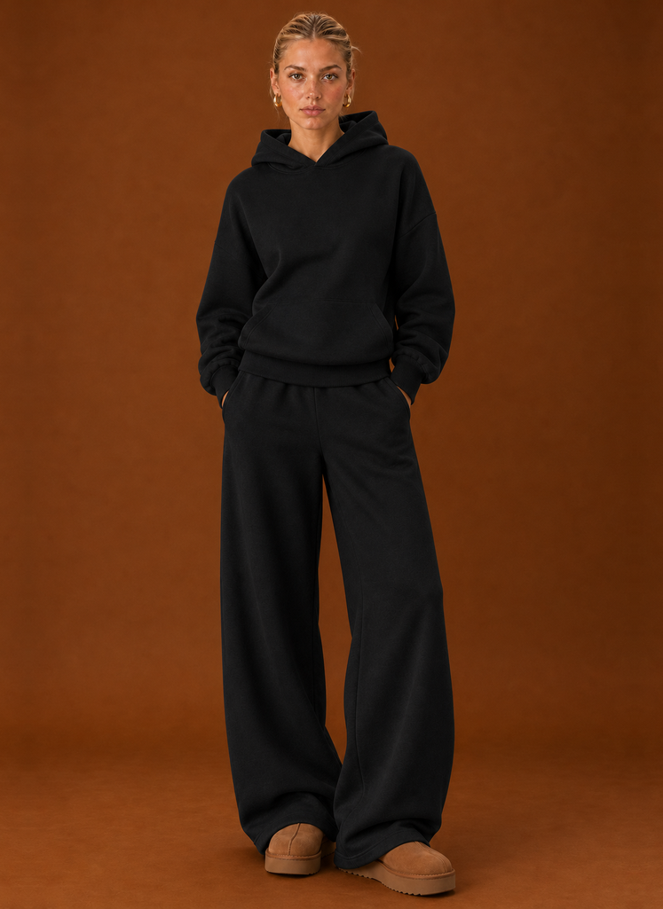 Women's Hoodie & Wide-Leg Joggers Tracksuit Set – Black