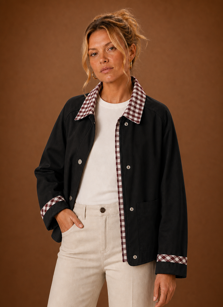 Women's Barn Jacket with Check Collar – Black