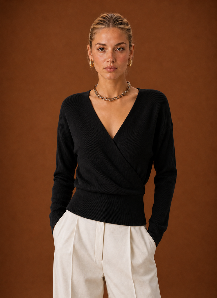 Women's Cropped Wrap Jumper with Ribbed V-Neck – Black