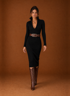 Women's Knee-Length Long-Sleeve Sweater Dress – Black