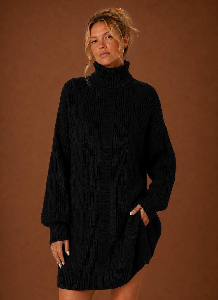 Women's Turtleneck Knit Sweater Dress – Black