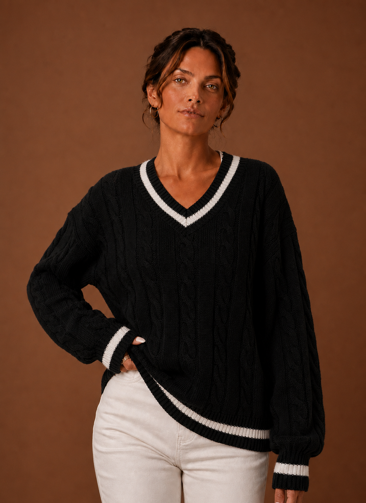 Women's V-Neck Cable-Knit Jumper – Black