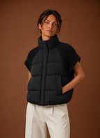 Women's Sleeveless Puffer Gilet with Knit Shoulders – Black
