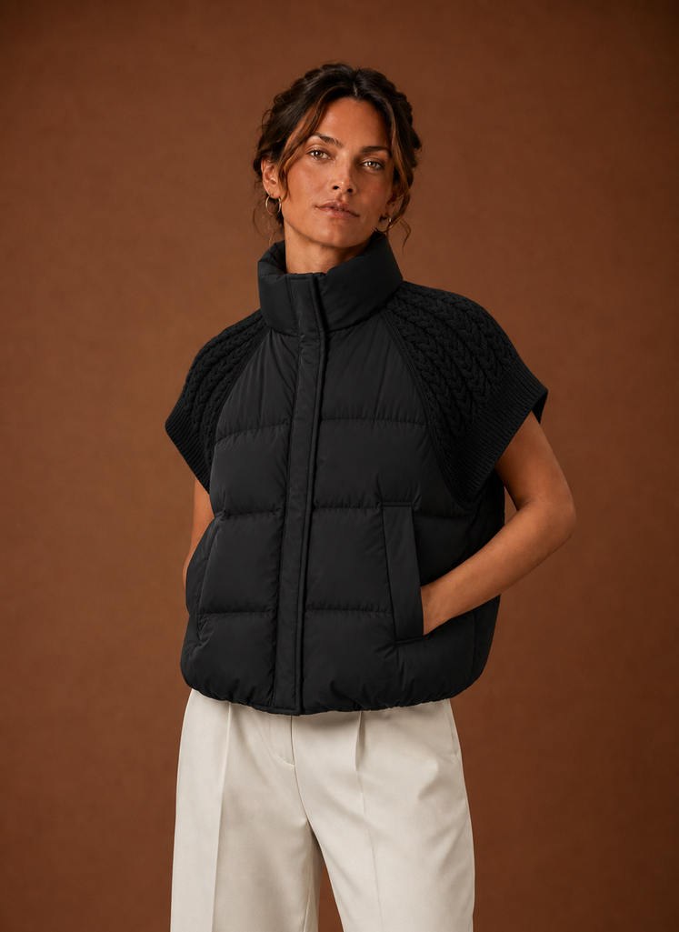 Women's Sleeveless Puffer Gilet with Knit Shoulders – Black