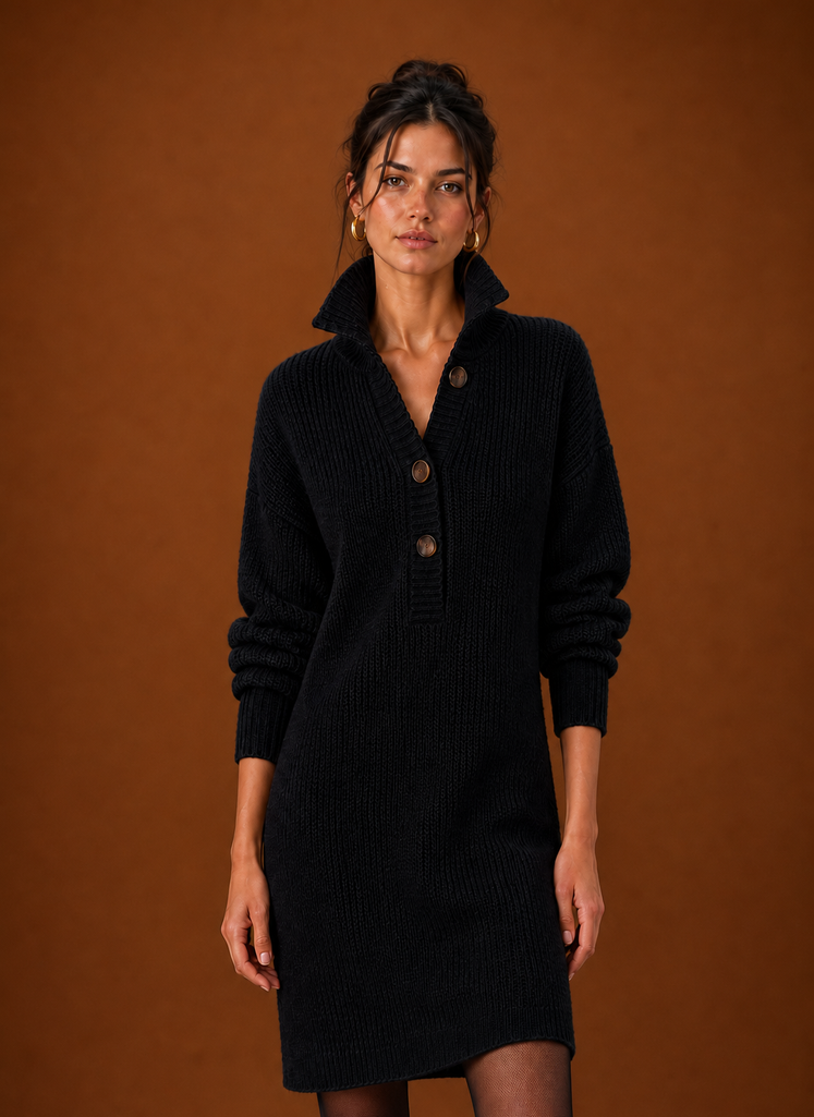 Women's Collared Henley Knit Sweater Dress – Black