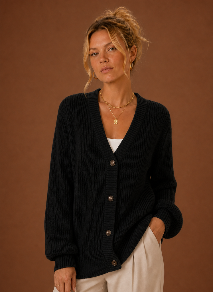 Women's V-Neck Button-Front Knit Cardigan – Black