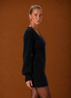 Women's Fuzzy V-Neck Bodycon Mini Sweater Dress with Balloon Sleeves