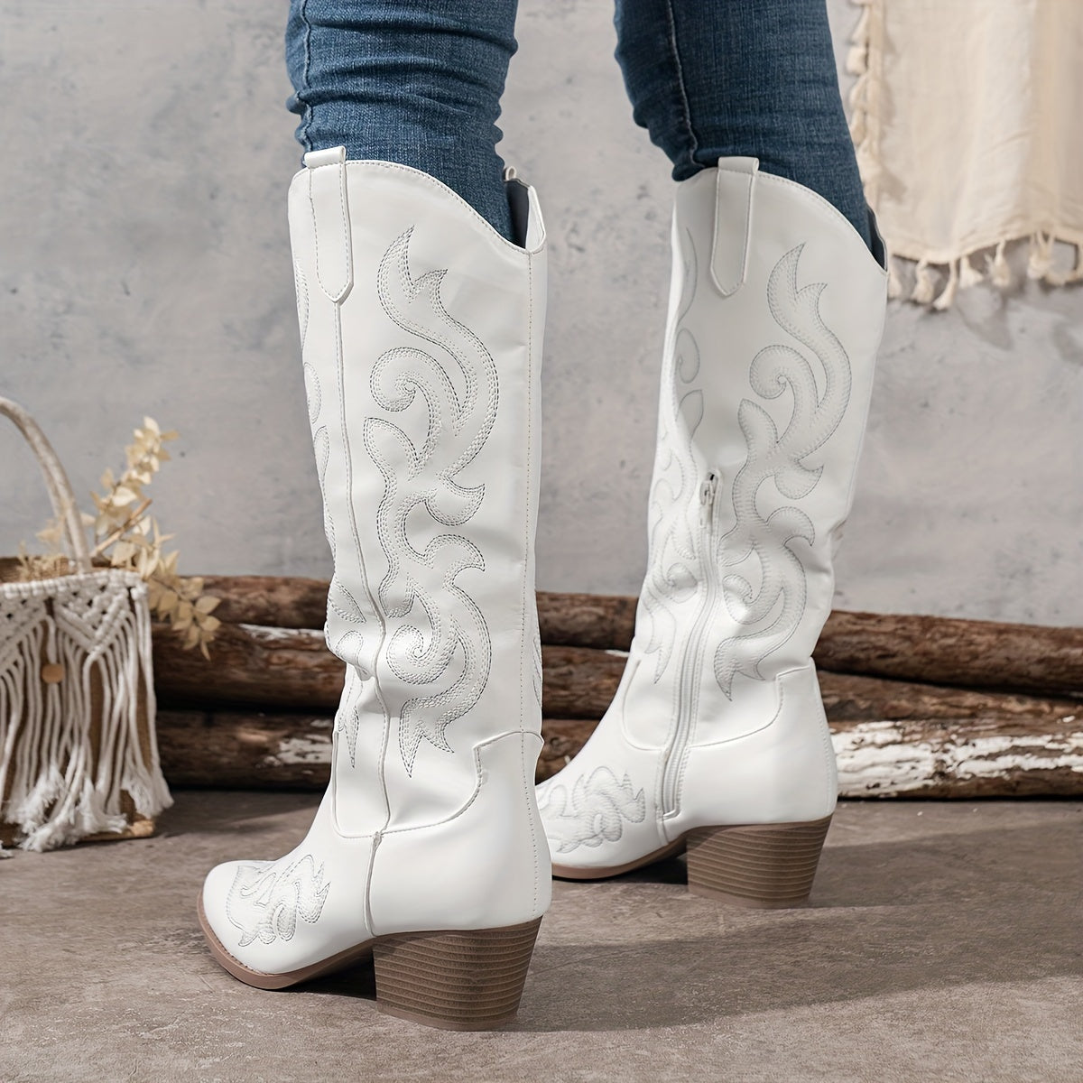 Women's Embroidered Western Boots with Wide Calf and Block Heel
