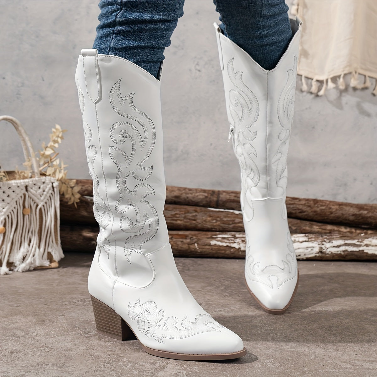 Women's Embroidered Western Boots with Wide Calf and Block Heel – White