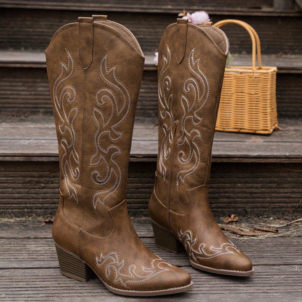 Women's Embroidered Western Boots with Wide Calf and Block Heel – Brown
