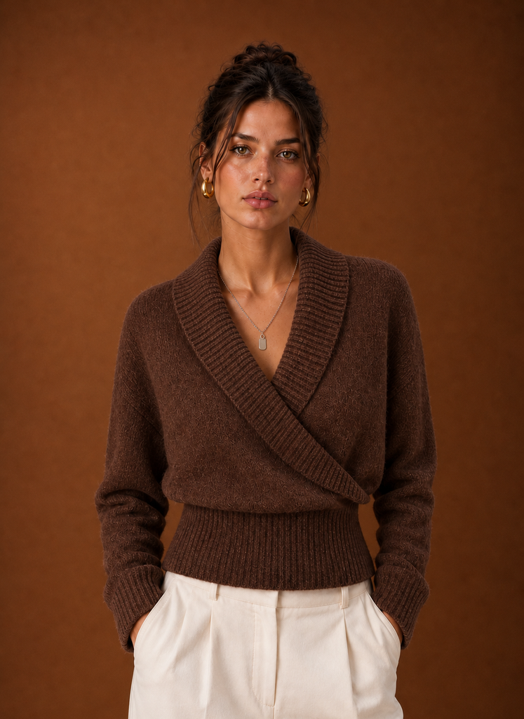 Women's Shawl-Collar Ribbed Wrap Jumper – Brown