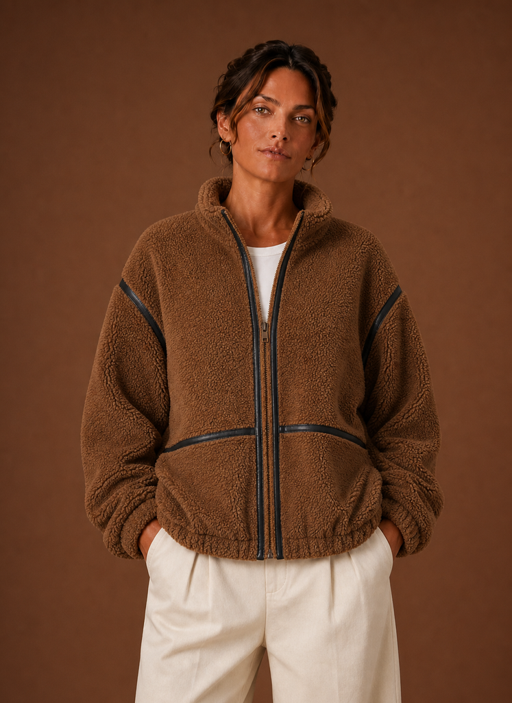 Women's Zip-Up Sherpa Fleece Jacket – Brown