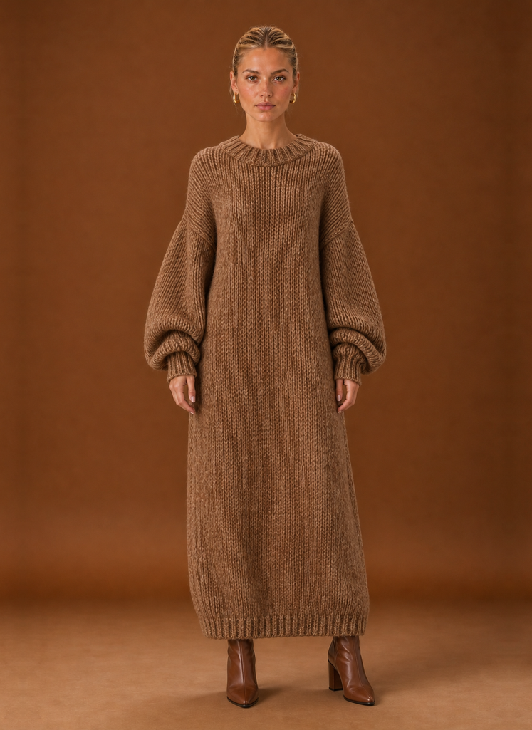 Women's Oversized Chunky Knit Maxi Sweater Dress with Balloon Sleeves – Brown