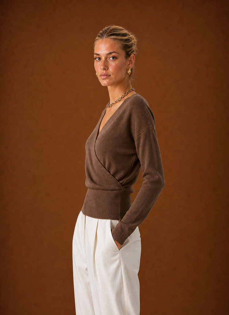 Women's Cropped Wrap Jumper with Ribbed V-Neck