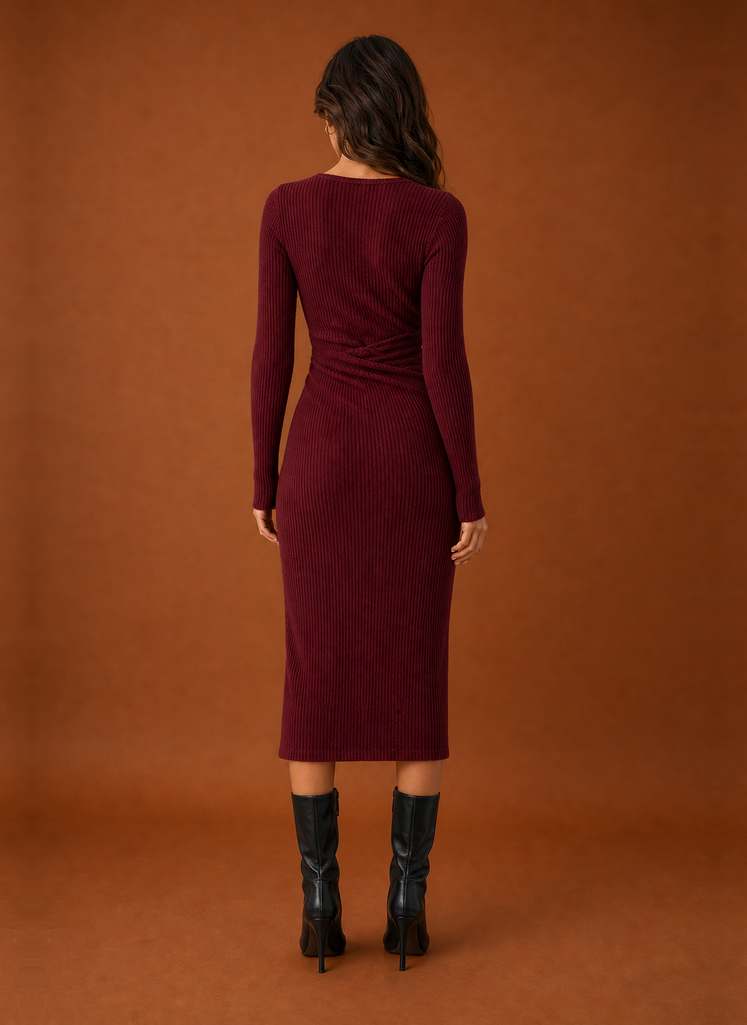 Women's Ribbed Twist-Front Bodycon Midi Sweater Dress with Slit