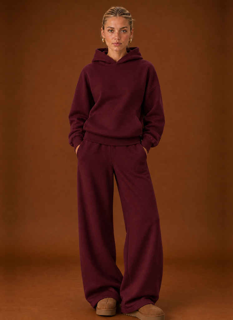 Women's Hoodie & Wide-Leg Joggers Tracksuit Set – Burgundy