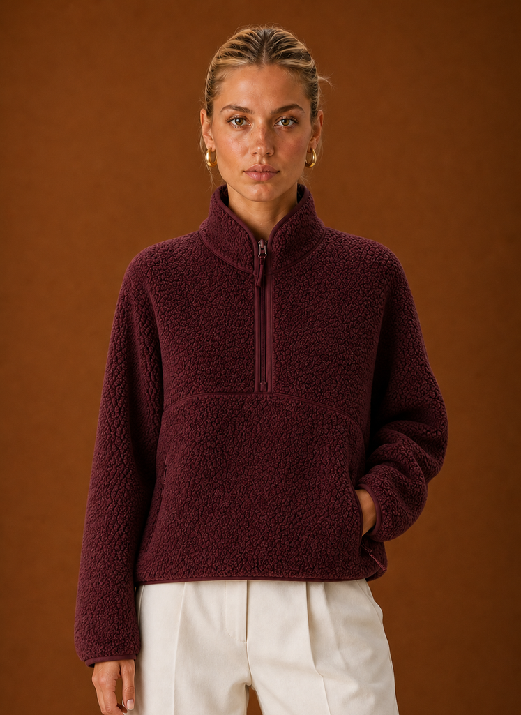 Women's Oversized Sherpa Fleece Quarter-Zip Sweatshirt – Burgundy