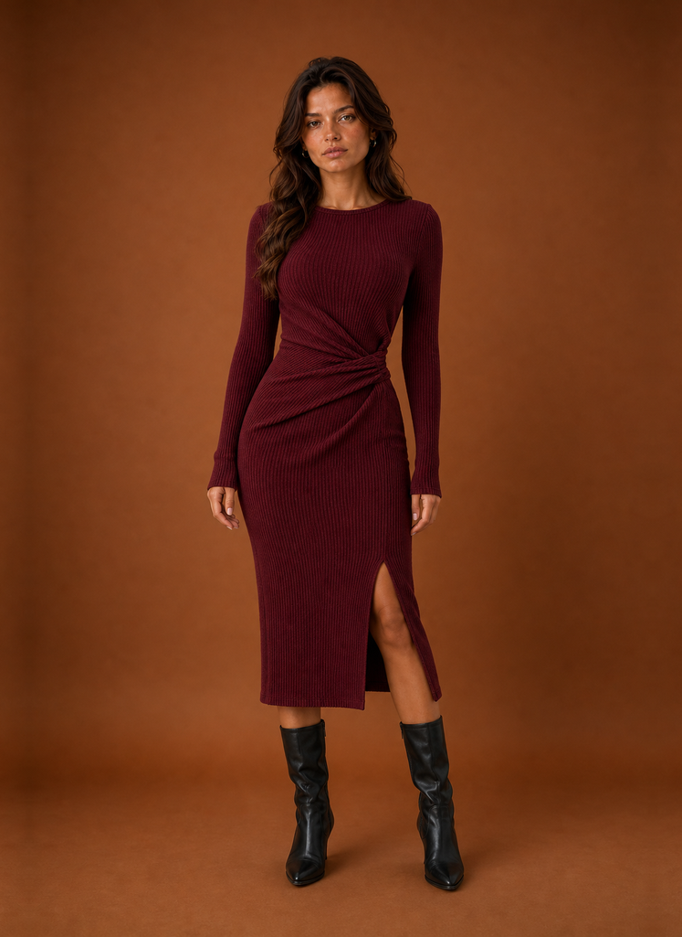 Women's Ribbed Twist-Front Bodycon Midi Sweater Dress with Slit – Burgundy