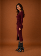 Women's Ribbed Twist-Front Bodycon Midi Sweater Dress with Slit
