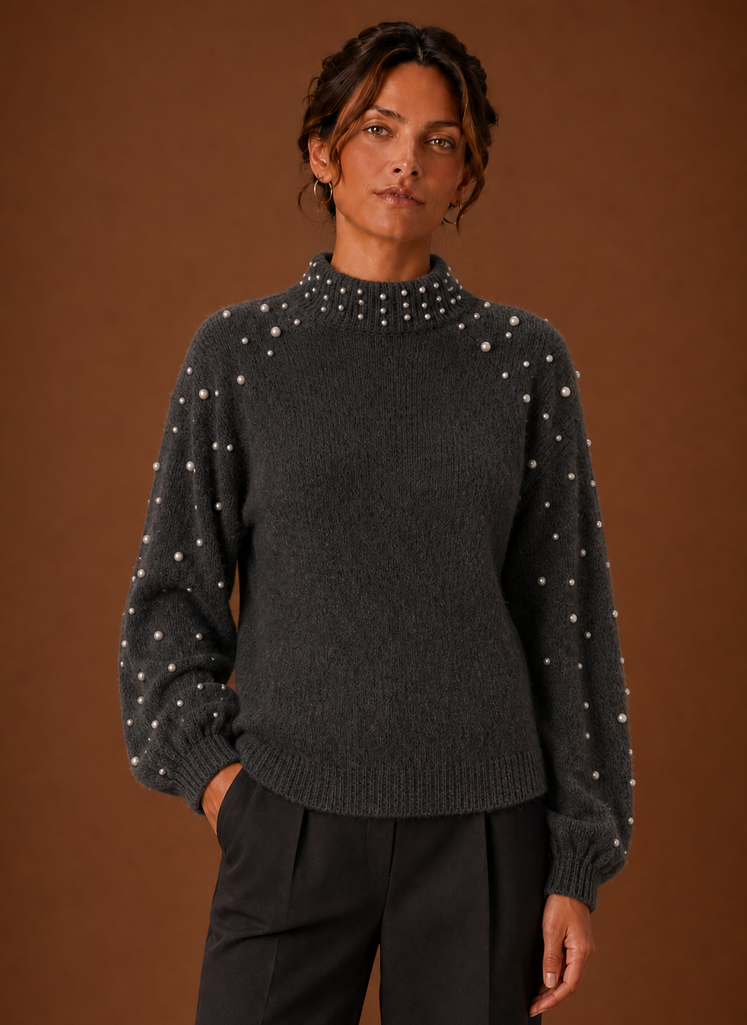 Women's Pearl-Embellished Knit Jumper – Dark Grey