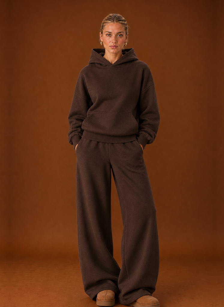 Women's Hoodie & Wide-Leg Joggers Tracksuit Set – Chocolate Brown