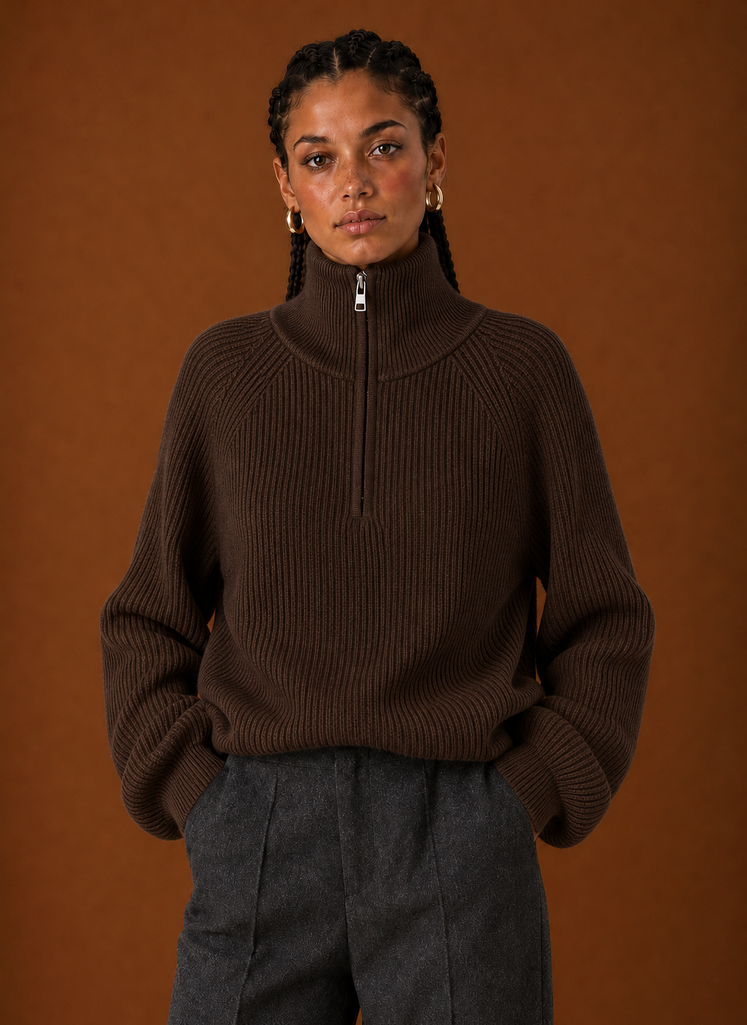 Women's Quarter-Zip Knit Jumper – Chocolate Brown