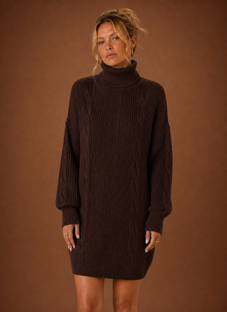 Women's Turtleneck Knit Sweater Dress – Chocolate Brown