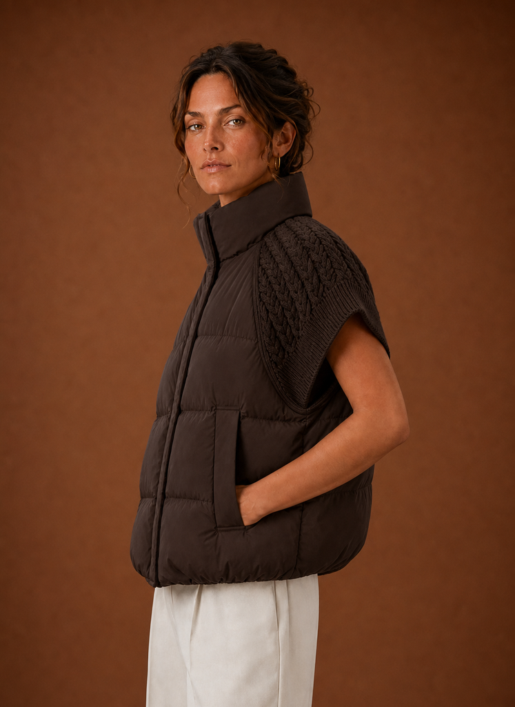 Women's Sleeveless Puffer Gilet with Knit Shoulders