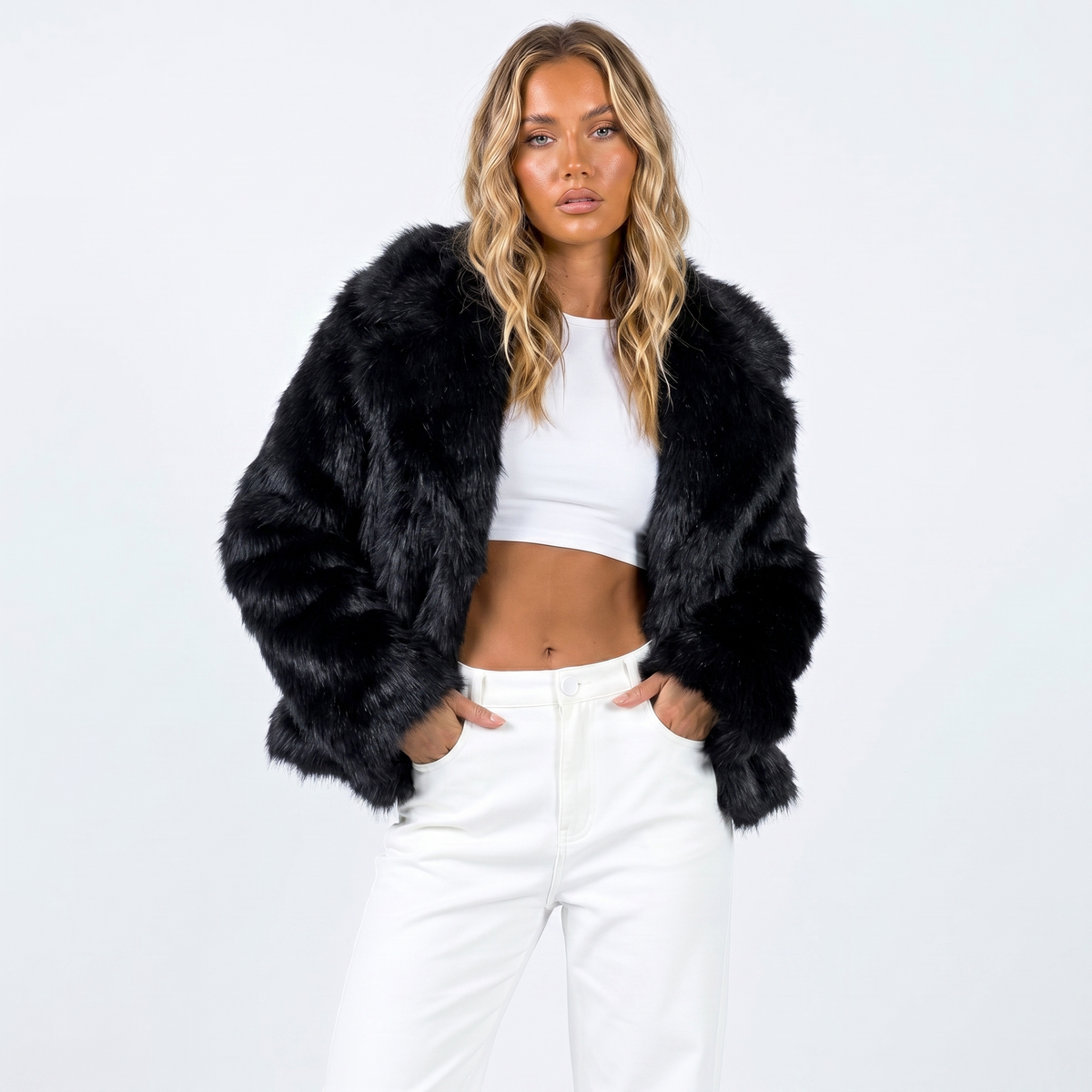 Women's Cropped Shaggy Faux Fur Jacket with Notch Collar – Black