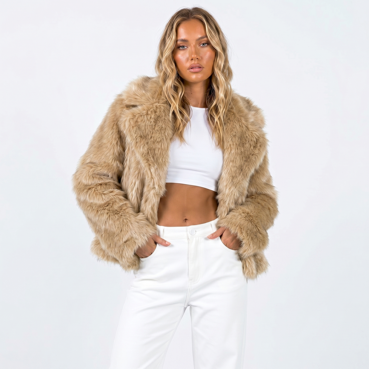 Women's Cropped Shaggy Faux Fur Jacket with Notch Collar – Camel