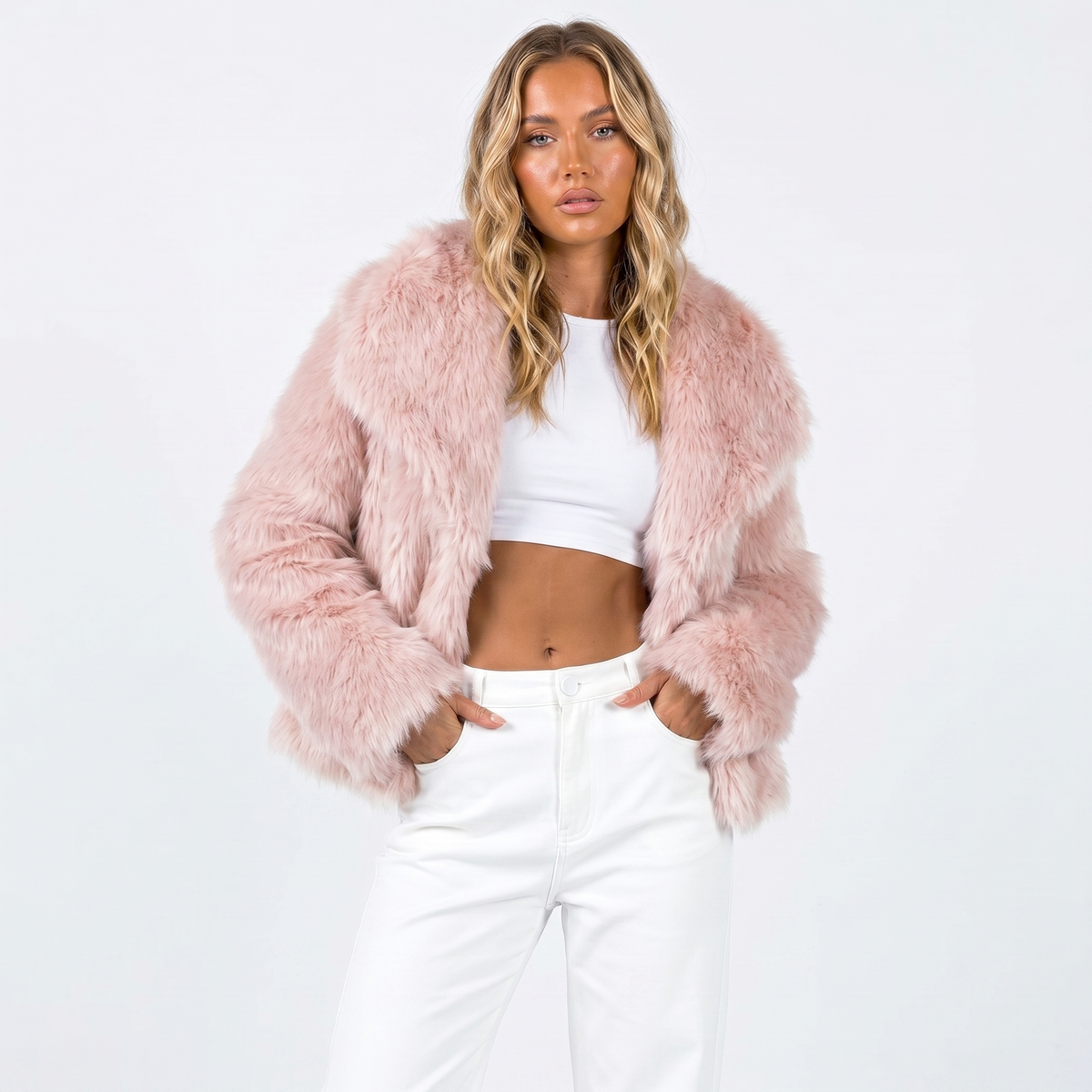 Women's Cropped Shaggy Faux Fur Jacket with Notch Collar – Pink