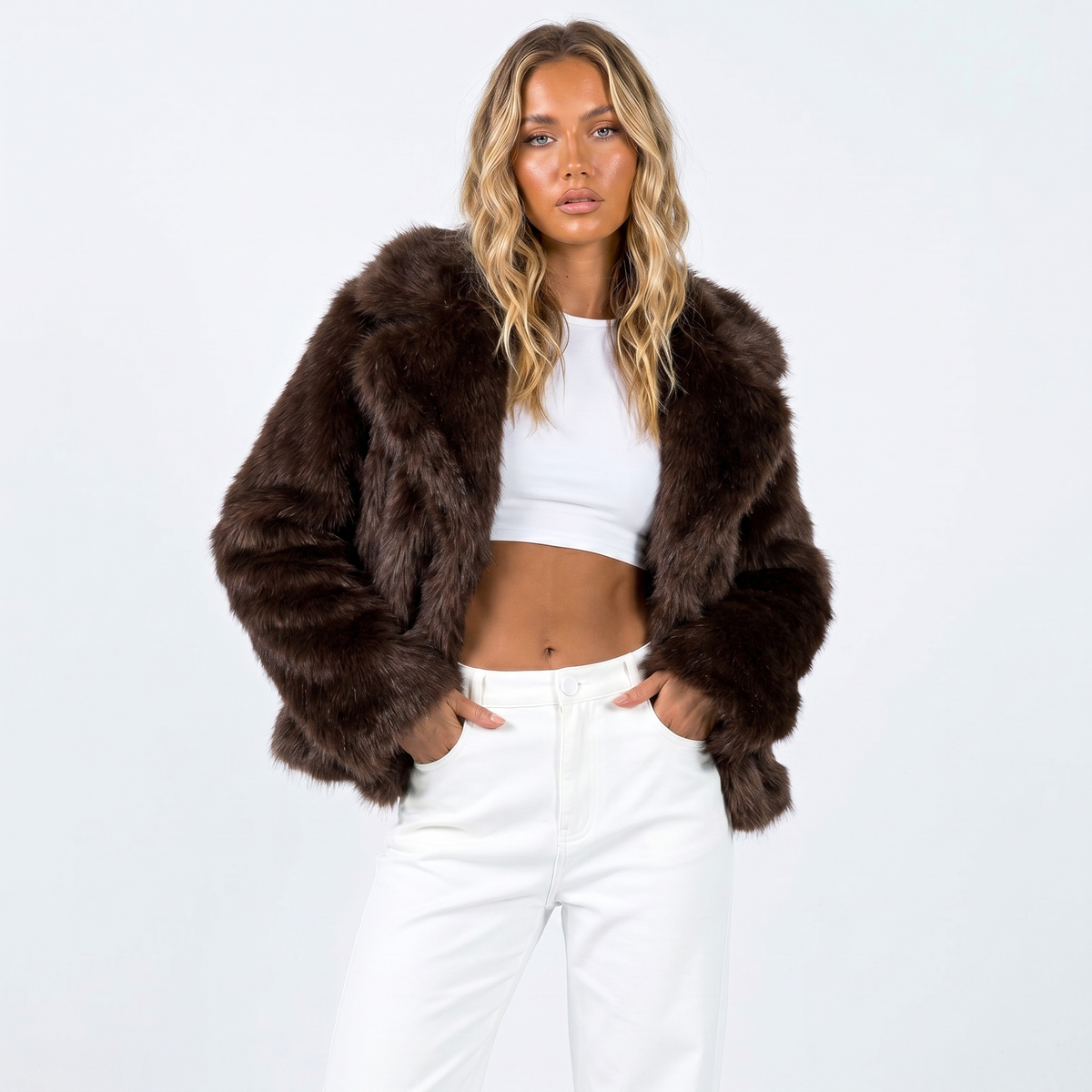 Women's Cropped Shaggy Faux Fur Jacket with Notch Collar – Dark Brown