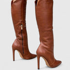 Women's Pointed-Toe Stiletto Knee-High Boots with Side Zip – Brown Smooth