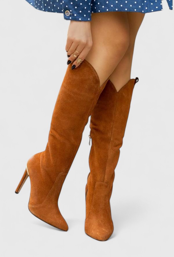 Women's Pointed-Toe Stiletto Knee-High Boots with Side Zip – Tan Suede