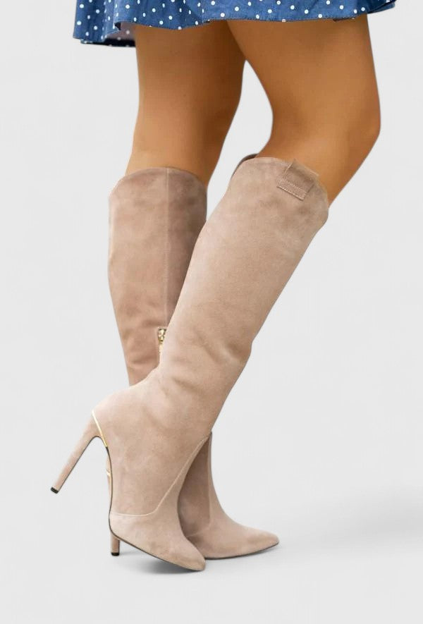 Women's Pointed-Toe Stiletto Knee-High Boots with Side Zip – Beige Suede