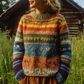 Women's Chunky Knit Striped Jumper with Floral Embroidery – Multicolour