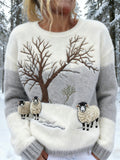 Women's Christmas Sheep Knit Jumper with Embroidered Trees – Grey White