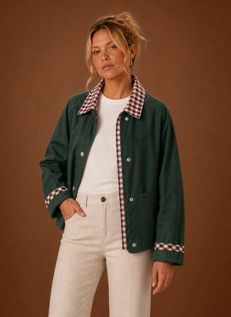 Women's Barn Jacket with Check Collar – Dark Green